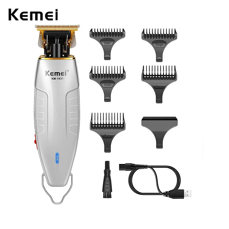 Kemei 1931 전문 스킨 컷 비어드 헤어 트리머 드라이 쉐이빙 페이딩 커터 T-Blade Mower for All-around Outlining Zero gap