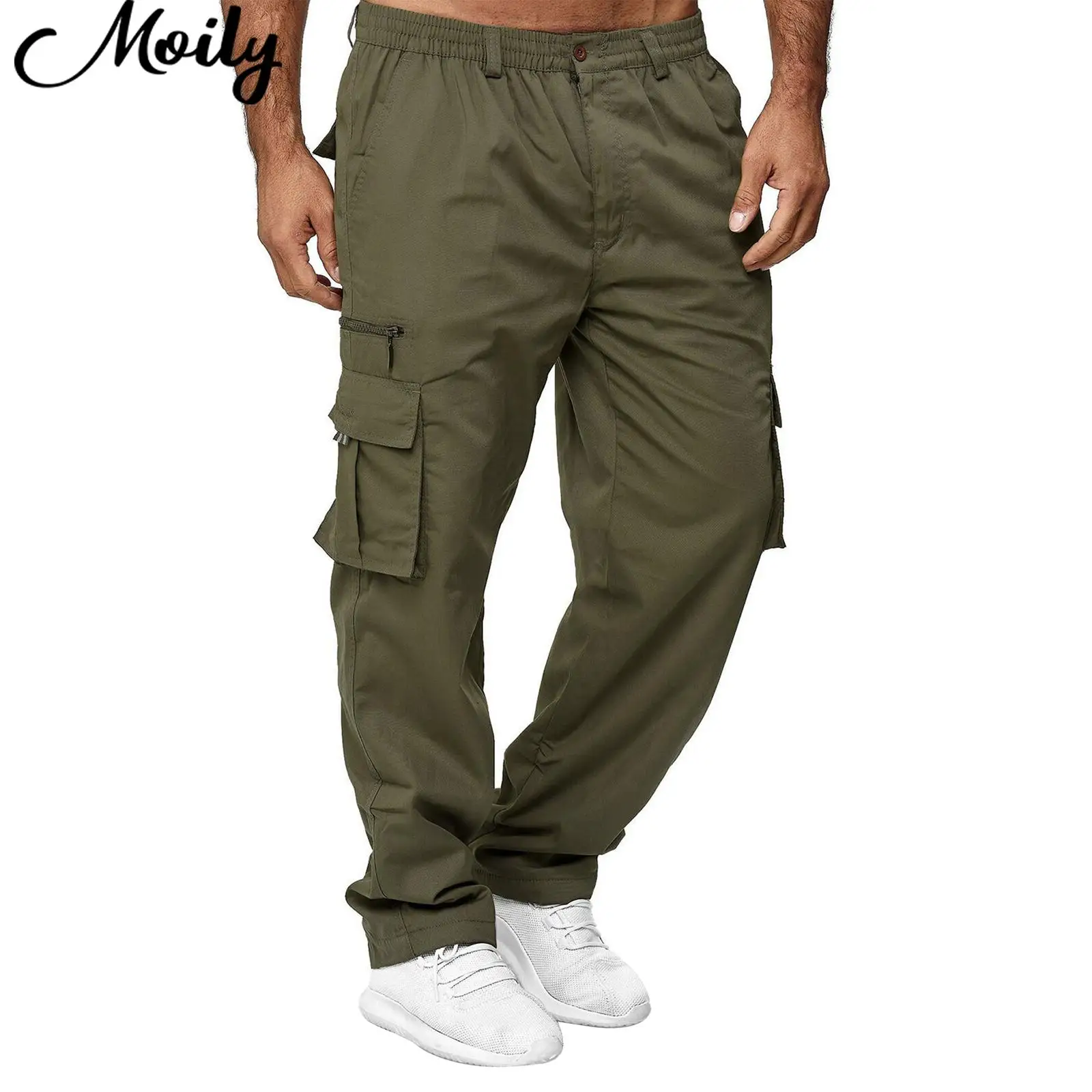 

Men Fashion Solid Color Loose Casual Pants Street Wear Elastic Waistband Big Pockets Cargo Long Pants Outdoor Sports Wear