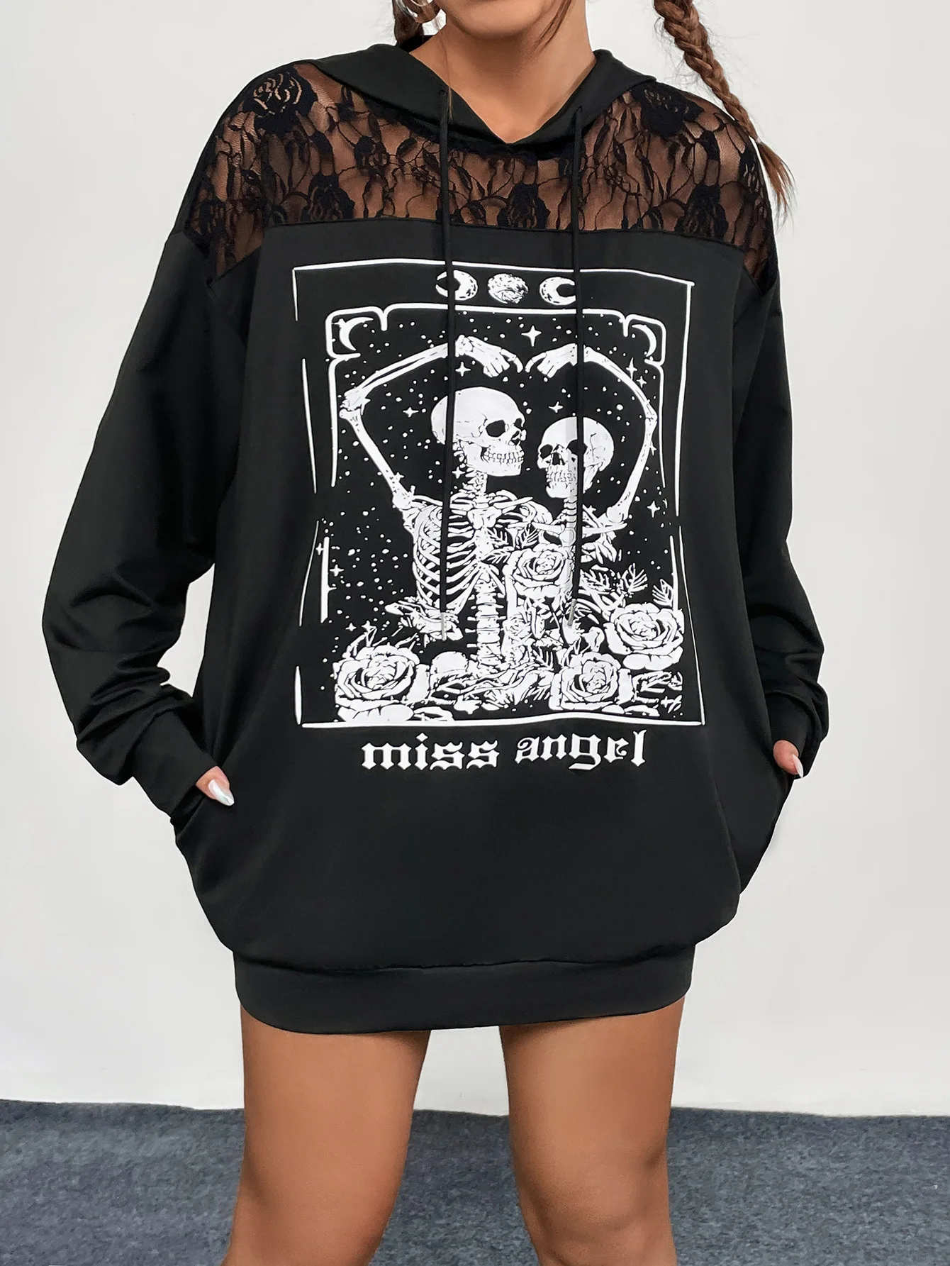 

Goth Dark Lace Patchwork Mall Gothic Aesthetic Hoodies Grunge Punk Skull Print Pullovers Emo Loose Sheer Alt Fashion Streetwear