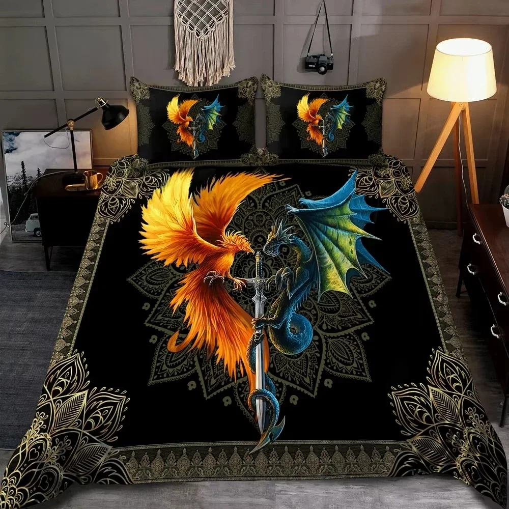 Dragon and Phoenix Duvet Cover Set Queen King Size Fantasy World Monster Bedding Sets Mens Boys and Teenagers Comforter Covers