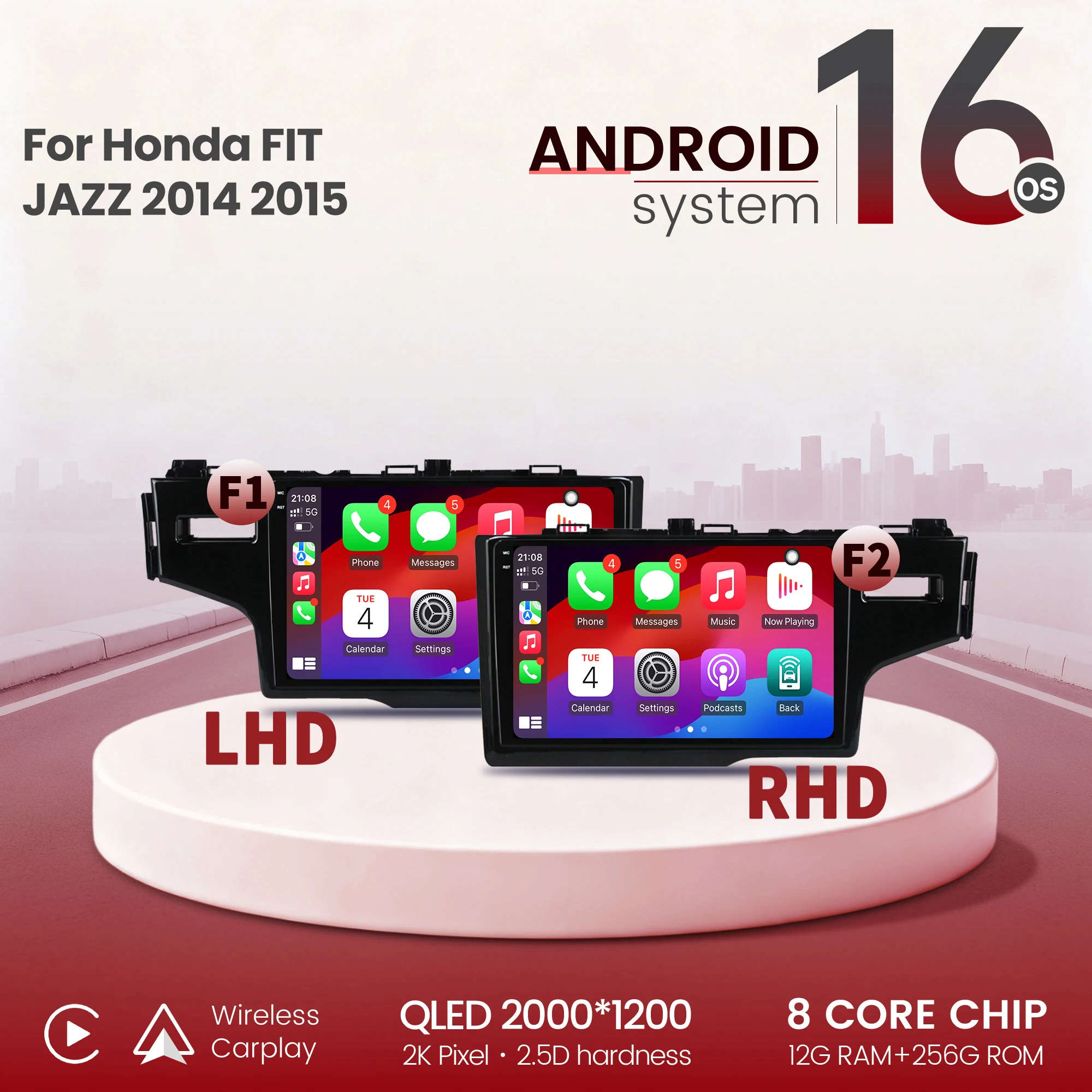 Radio para Auto de 10 Pulgadas para Honda FIT JAZZ 2014 2015, Android 16, Carplay, Multimedia Táctil, Pantalla QLED 2K 1