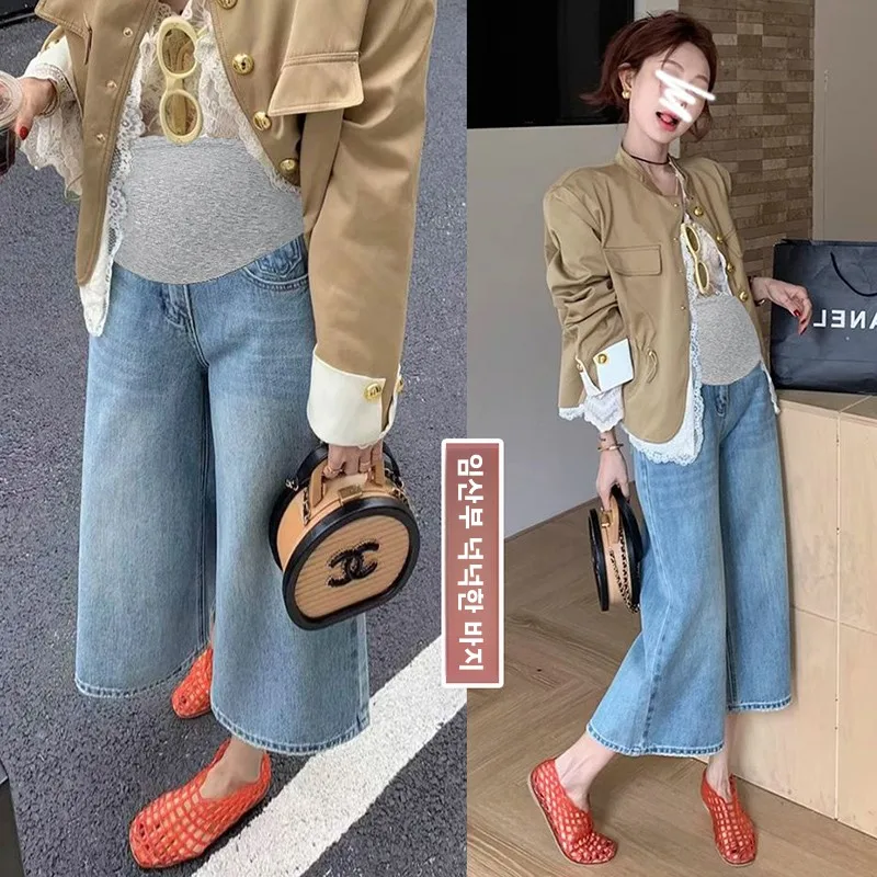 임산부용 청바지 루즈핏 와이드 레그 팬츠 플러스 사이즈 여름옷 작은 복부 지지 팬츠 면 폴리에스터 사계절용
