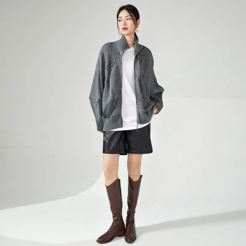 

Miyake Autumn New Sweater Women's Loose Coat Thickened Fashion Zipper Casual Pleated Irregular High Neck Sweater Coat
