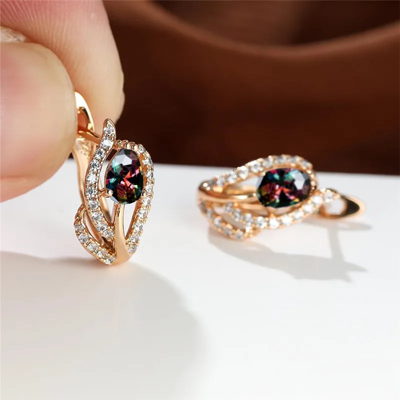 Charm Female Pink Blue Zircon Stone Flower Clip Earrings For Women Gold Color Water Drop Wedding Jewelry