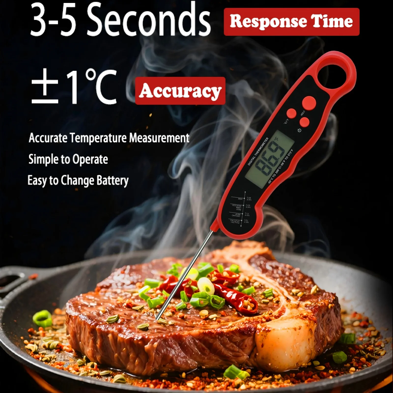 Quick Digital Food Thermometer Kitchen Cooking Baking Tool Instant Test Meat Thermometer with Backlit Hanging Fold Waterproof