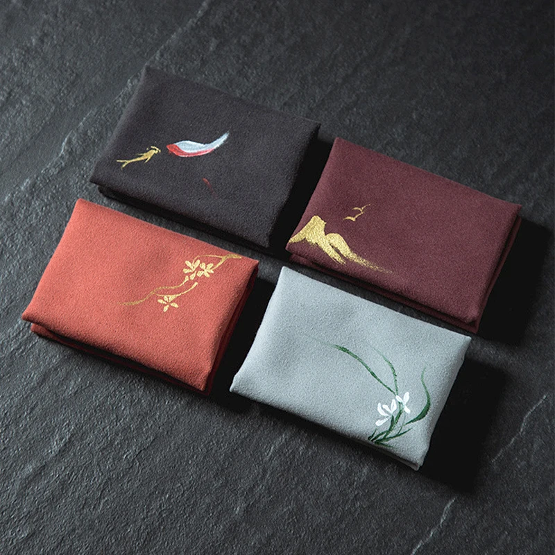 Tea Towel Vintage Embroidered Tea Napkins Cloth Fish Plum Flower Pattern Bowl Teapot Cleaning Towels Kongfu Tea Ceremony Accessories