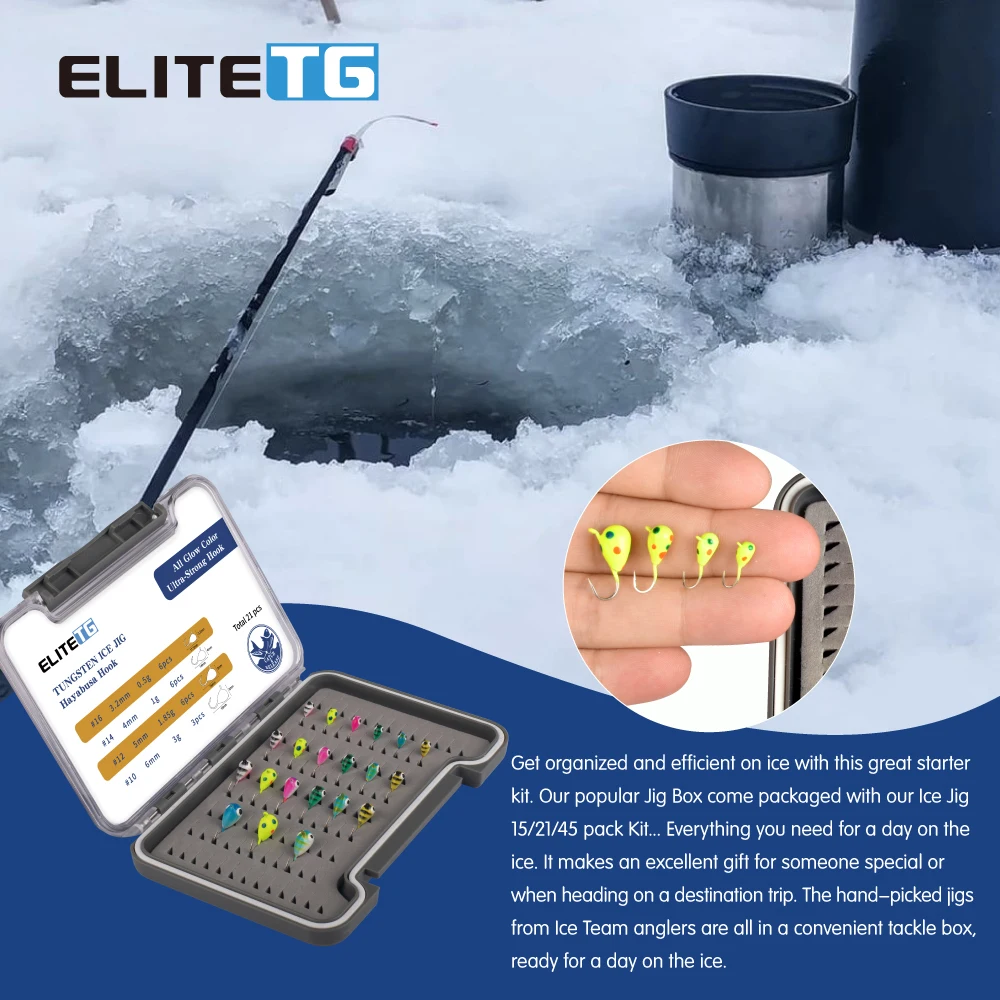 Elite TG 21pcs Tungsten UV Ice Fishing Jig Set Boxed All