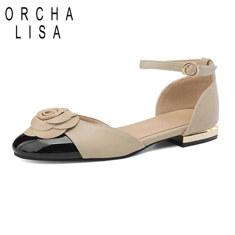 

ORCHALISA 2024 New Closed Toe Round Mixed Color Women Sandals Flower 3.5 cm Low Heel Ankle Strap Big Size 43 Dress Beige Black