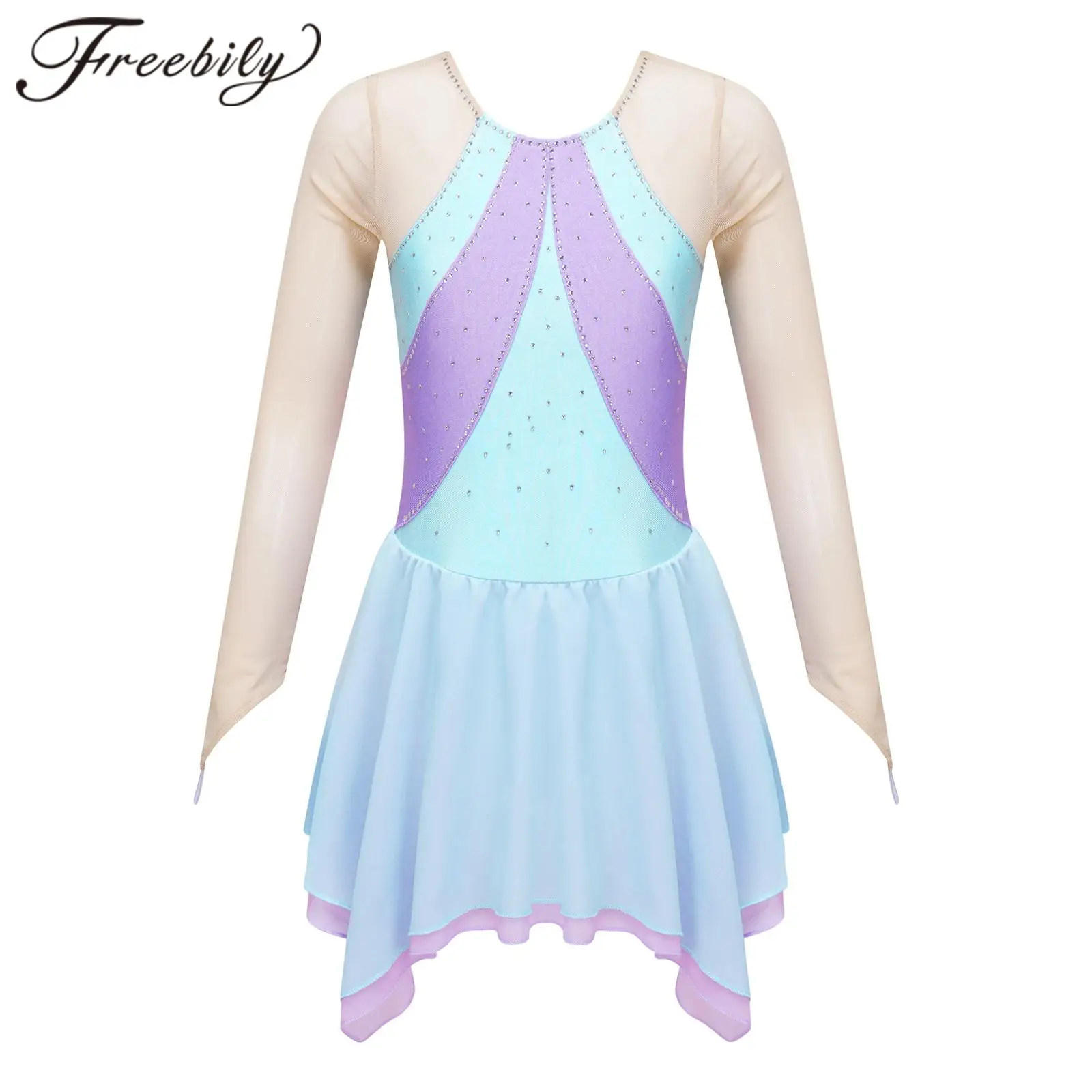 Vestido de patinaje artístico para niñas, ropa de patinaje sobre hielo con diamantes de imitación brillantes, leotardos de Ballet, Ropa de baile para actuaciones en escenario