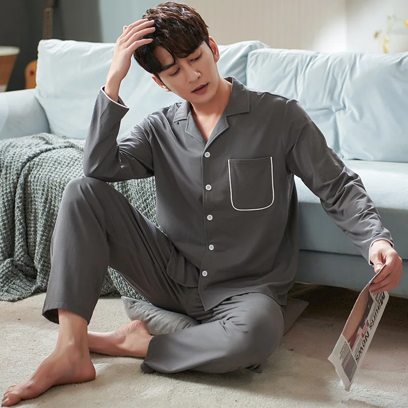 plaid pajama pants Breathable Cotton Pure Grey Men Pajama Set Spring Autumn Long Sleeve Trousers Lapel Cardigan 2022 New Homewear Suit Solid Color men's silk pajamas