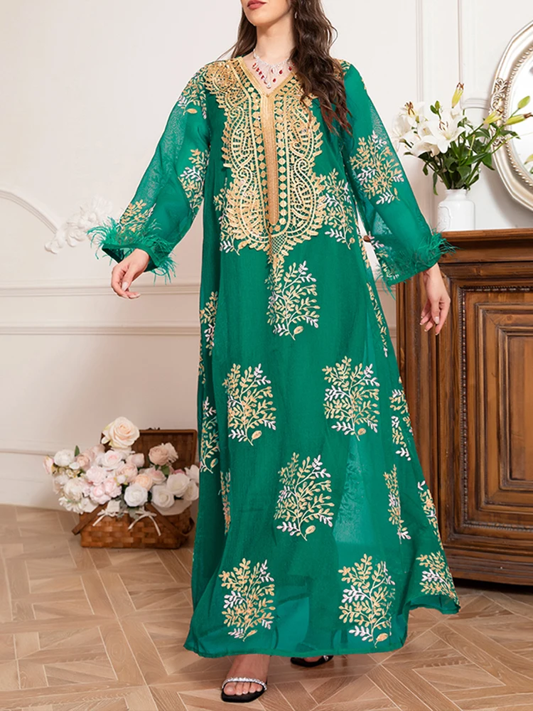 فساتين رافيا النسائية الصيفية التقليدية المتطورة المطرزة بأكمام طويلة ورقبة على شكل حرف v ماكسي على شكل حرف a فساتين طويلة غير رسمية