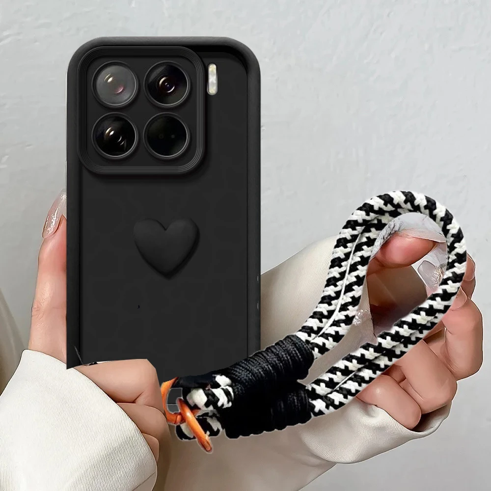 Luxury 3D Black Love Heart Silicone Case with Wrist Lanyard
