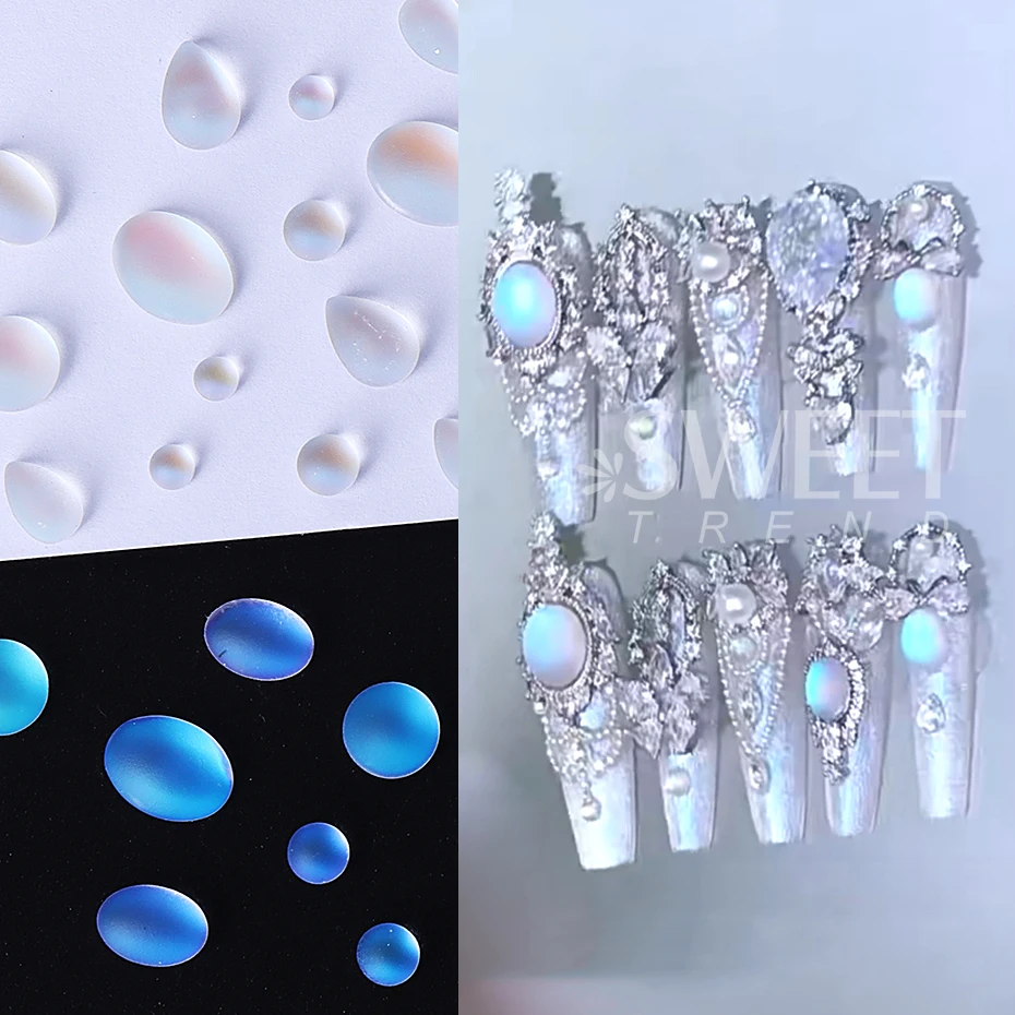 50pcs Mixed Blue Tears Cat Eye Nail Charms Blue Matte Transparent Bottom Water Drop Glass Diamond Nail Rhinestone Manicure Decor