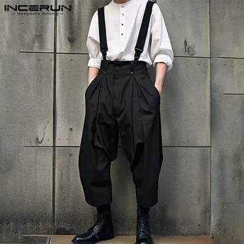 INCERUN 남성용 캐주얼 점프수트, 한국 스타일 오버올, 단색, 패셔너블 스트리트웨어, 올매치 심플 롬퍼 S-5XL, 2023 신상