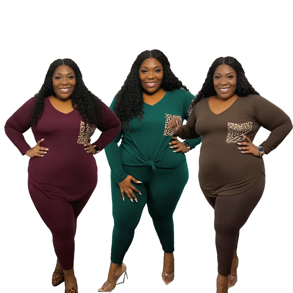 

Осенний Повседневный Женский комплект из двух предметов с леопардовыми карманами, удобная футболка с V-образным вырезом и длинными рукавами, модные спортивные брюки, наряды