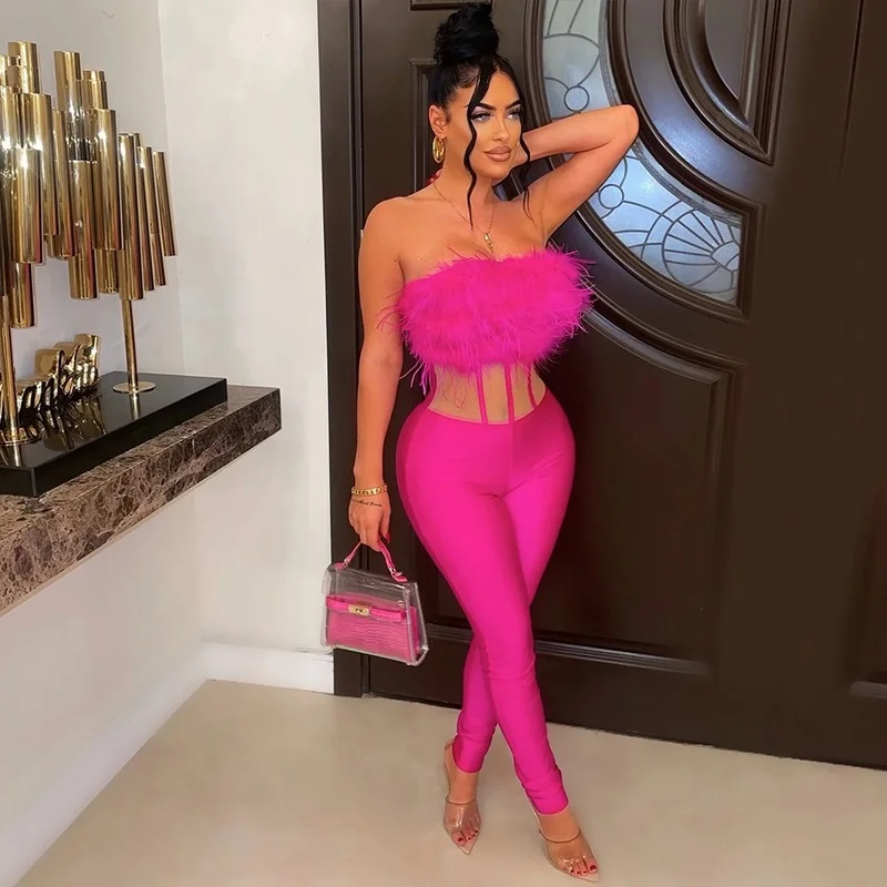 

Feathers Sheer Mesh Patchwork Jumpsuit Women Sexy Strapless Slim Skinny Overalls Night Clubwear Birthday Party Rompers