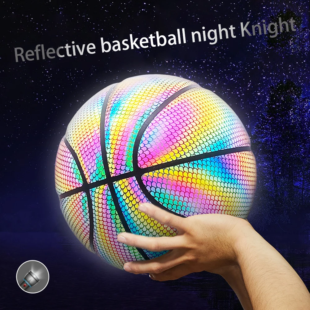 Bola de basquete reflexiva holográfica colorida couro do plutônio  desgastar-resistente jogo noturno rua basquete brilhante - AliExpress