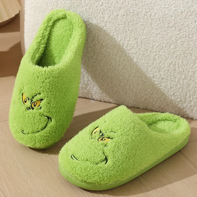 New Cute Home Christmas Grinch Warm Winter Cotton Slippers Couple Men and Women Thick-soled Soft-soled Shoes Thick Non-slip 2