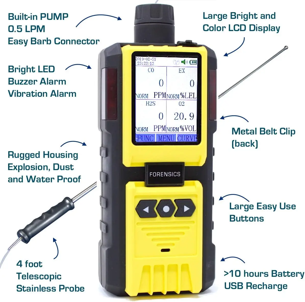 Monitor by Forensics Built-in Pump Multi Gas Meter O2, CO, H2S, LEL Color Display & Graphing USA NIST Calibration Comp