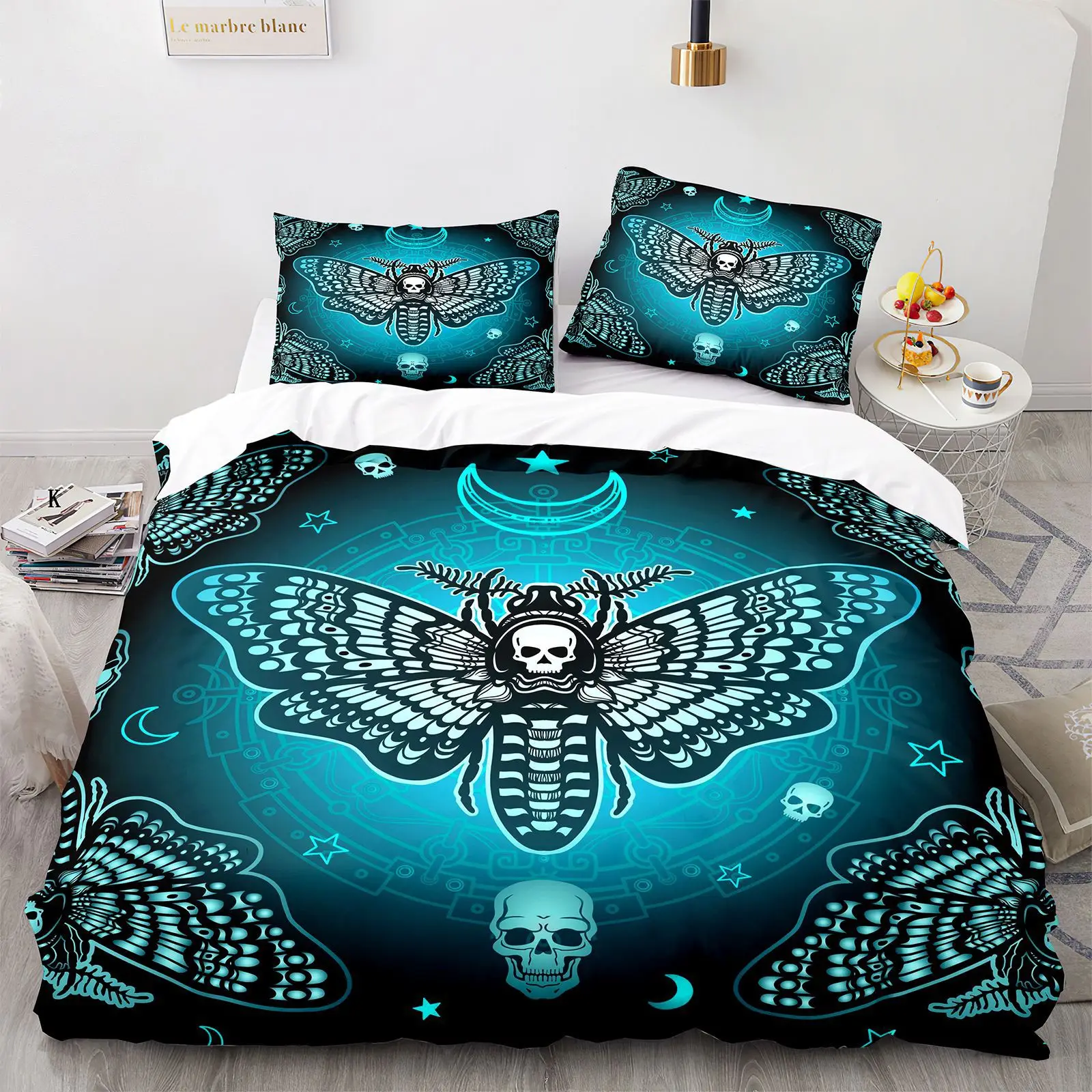 Bohemian Moth & Skull Comforter Set Queen - Black White Gothic Bedding, 3D Print Duvet Cover & Pillowcases - View #7