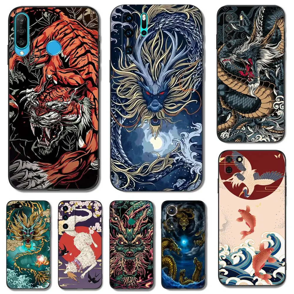 Custodia In Tpu Nero Per Huawei Y9S Y6S Y8S Y5P Y7P Y8P Y7 Y5 Lite Prime 2018 Y6 2019 Cover Chinese Dragon Tiger Crane Fish