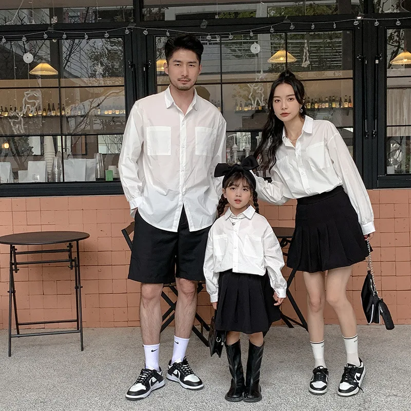 

New Spring Summer Shirts Family Mommy Daughter White Long Sleeve Blouses Korean Family Matching Thin Outfits Father Son Clothes