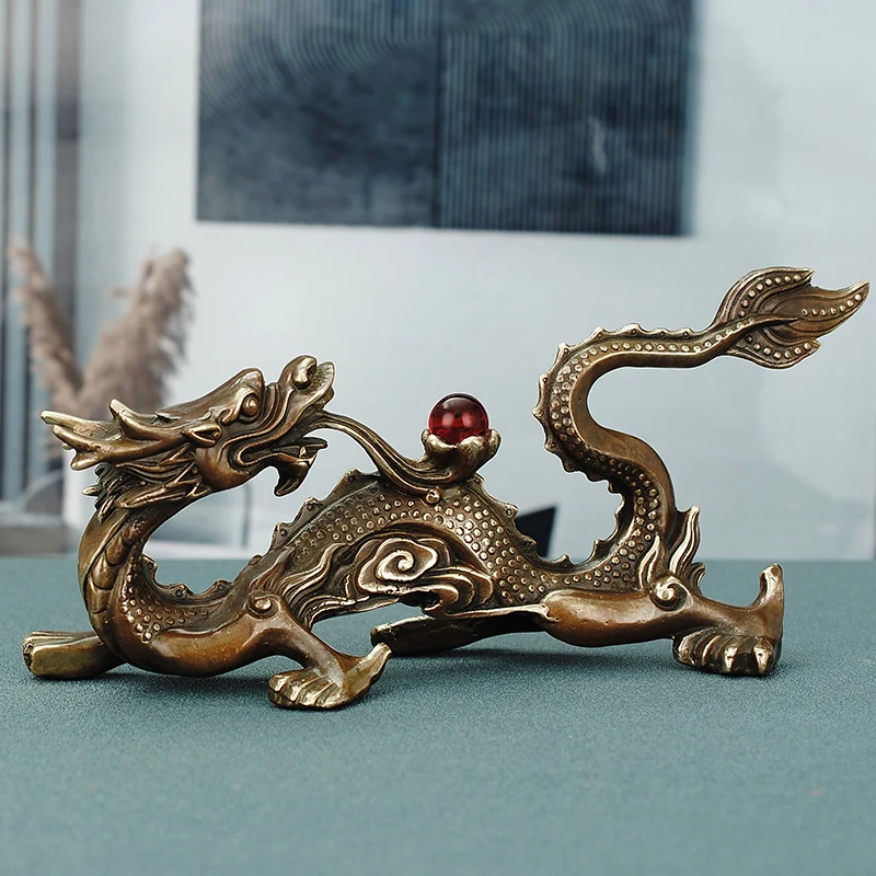

Pure copper dragon ornaments, green dragon back head yuanbao dragon five-clawed dragon living room table decoration