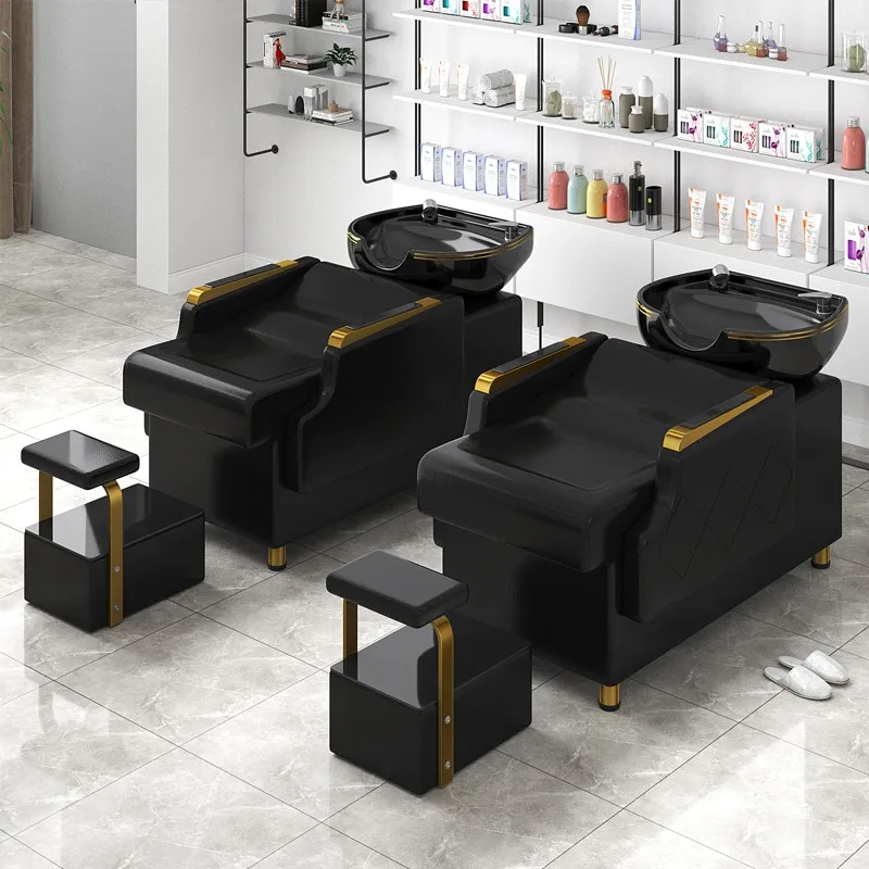 Luxury Black Shampoo Chair Reclining Gold Head Spa Hairwash Bed Styling Stations Lit Lavage De Cheveux Hair Salon Furniture