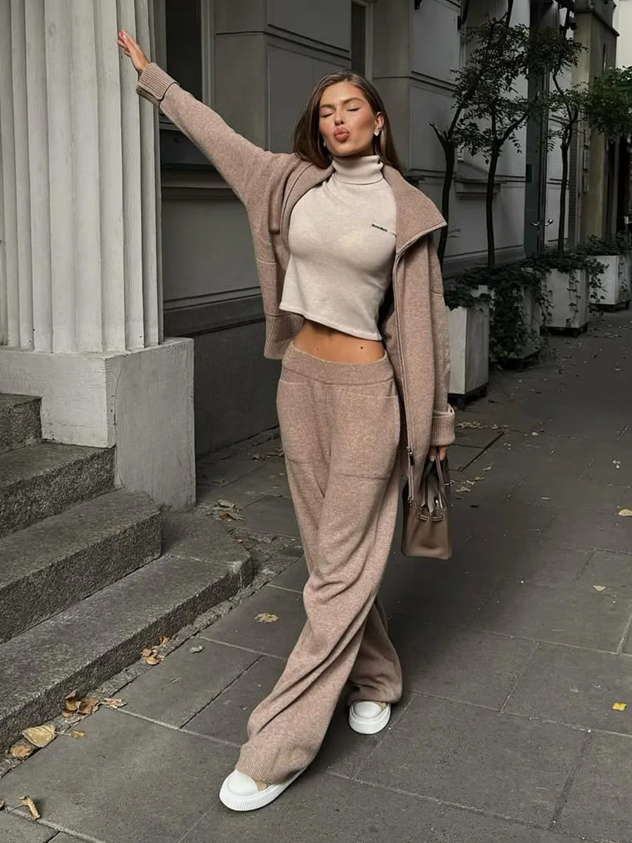 Bornladies Women's Autumn Knitted Cardigan Wide Leg Pants Set Fashion Zipper Cardigan Sweater Loose Two Piece Outfit