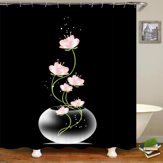 Rose Flower Shower Curtain Set Non-Slip Rugs Bath Mat Toilet Lid Cover and 12 Hooks Waterproof Polyester Bathroom Decor M-1PC Shower Curtain