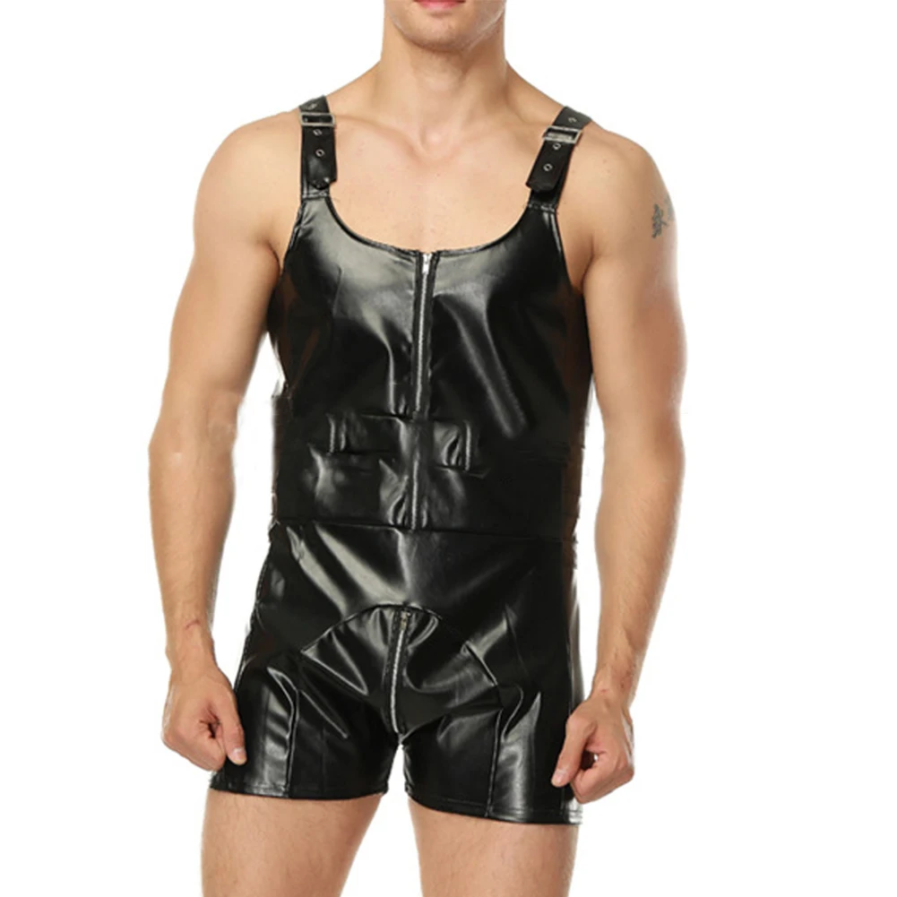 

Men Faux Patent Leather Wet Look Bodysuit 2way Zip Up Open Crotch Leotard Sleeveless Short Jumpsuit Seductive Clubwear Costumes