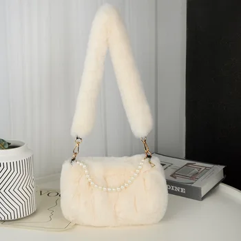 New Women's Wrinkled Small Square Bag Shoulder Bag Soft Plush Fur Ladies Elegant Pearl Chain Underarm Bag 2