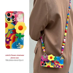 Silicone Phone Case For iPhone 15 14 Pro 13 12 11 Pro Max Plus Daisy Flower With Lanyard Neck Strap Case Fashion Holder Cover