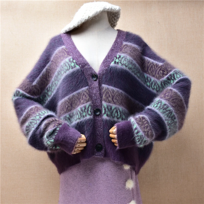 

Ladies Women Fall Winter Clothing Hairy Angora Rabbit Hair Knitted striped Short Style V-Neck Loose Cardigans Jacket Sweater Top