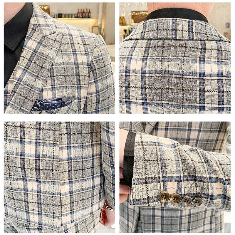 Mens Casual Business Suit Plaid 3pces Set Jacket Vest Pants Groom Wedding Dress Blazer