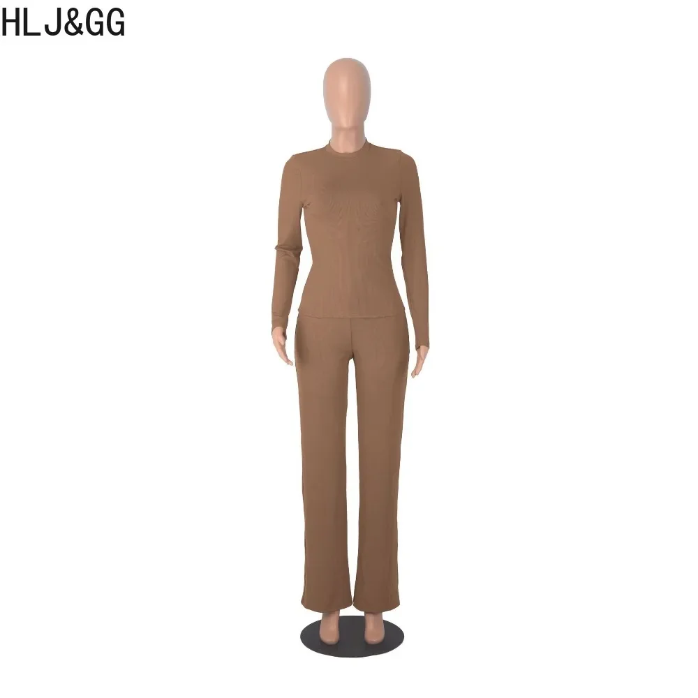 HLJ&GG Autumn Casual Solid Ribber Wide Leg Pants Tracksuits Women Round Neck Long Sleeve Top+Pants Two Piece Sets Female Outfits