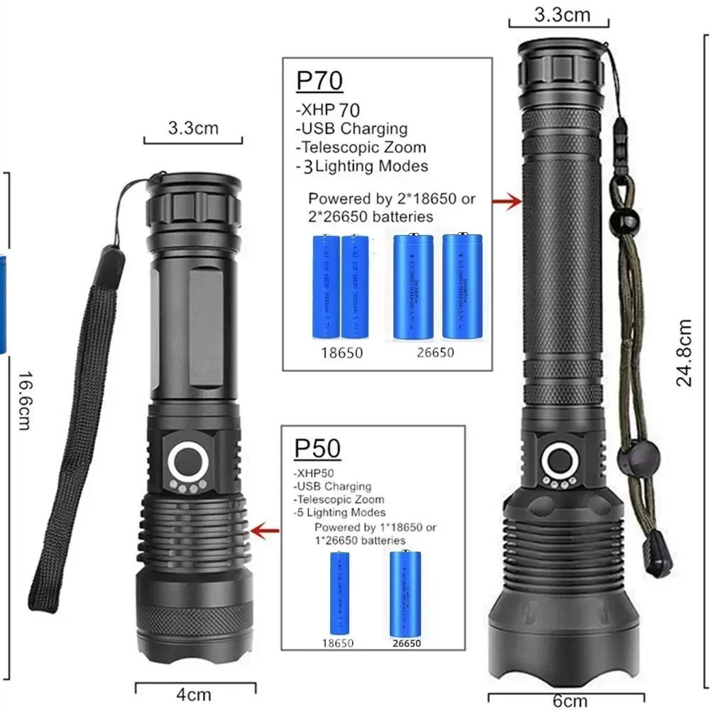 Flashlight Torch USB xhp70.2 Super Bright Rechargeable Zoom LED Tactical 18650 or 26650 Battery Camp Lamp