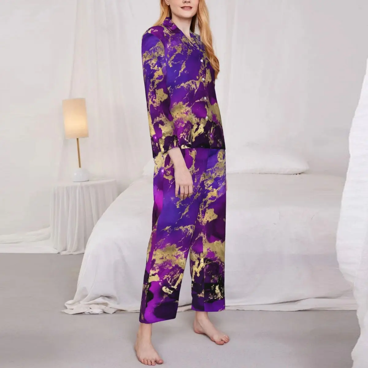 

Пижама женская с брызгами под золото и фиолетовый цвет, одежда для сна, мраморный Галактический комплект из 2 предметов, винтажные пижамные комплекты с длинными рукавами, домашний костюм большого размера