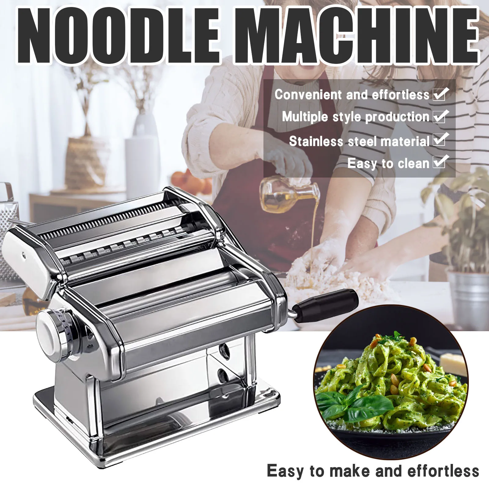 Stainless Steel Manual Noodle Maker With Adjustable Thickness Settings Perfect for Homemade Spaghetti and Lasagna (Silver)