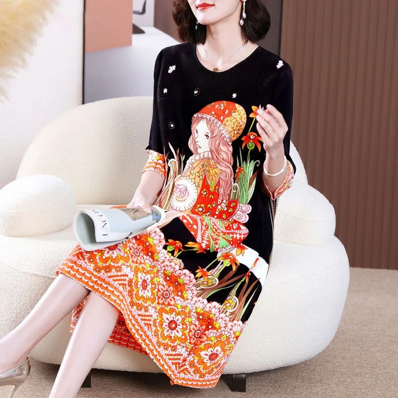

Pleated Fashion Spring Round Neck 3/4 Sleeves Dress Female 2023 New Relaxed O Neck Reducing Age and Slim A-line Dress Female