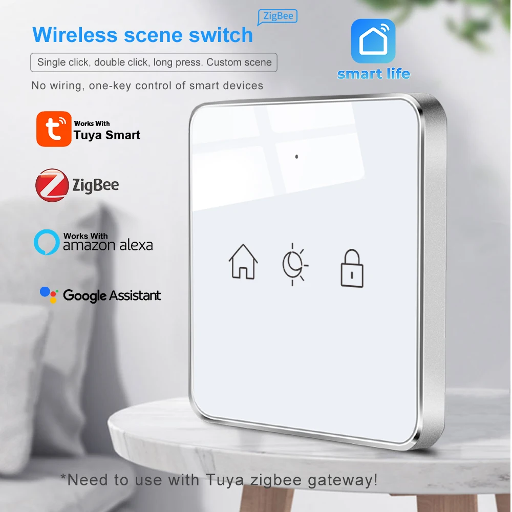 Tuya Zigbee Interruptor Cena sem Fio Touch Painel de Vidro Controle Remoto 3gang Smart Life App Suporte Múltiplo Alexa Google Home