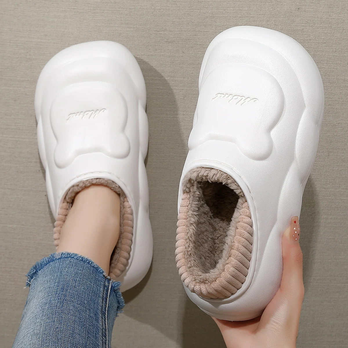 Winter Warm Thick Furry Cartoon Bear Women Plush Slippers Lady Men Waterproof Outside Home Cotton Shoes 2