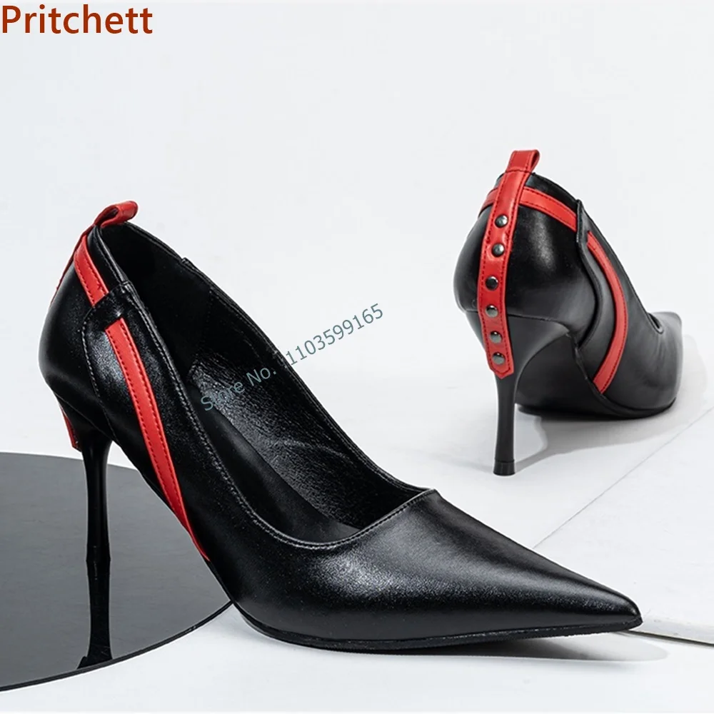 

Rivet Mixed Color Pumps Pointy Toe Thin Heels Slip On Shallow Patchwork Women's Shoes Spring Retro Punk Sexy Stiletto Shoes