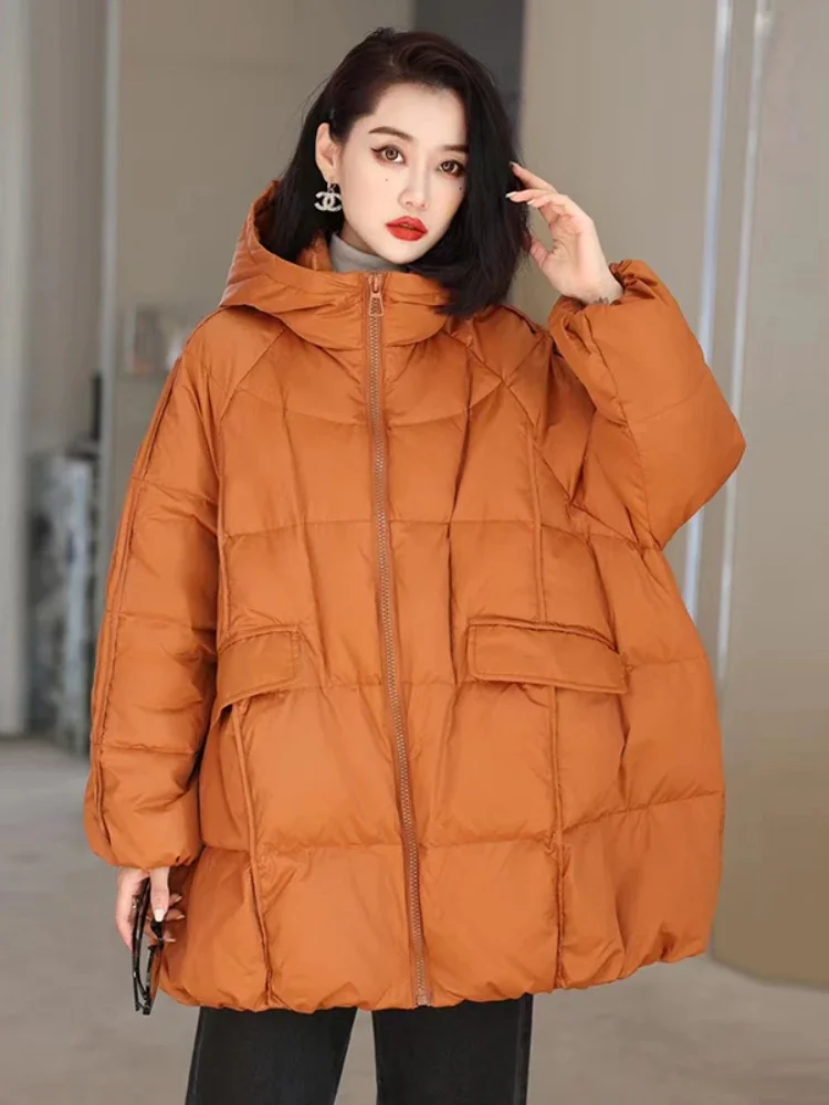 여성용 90% 화이트 덕 다운 재킷, 후드, 따뜻한 푸퍼 코트, 캐주얼 루즈, 두꺼운 파카, 한국 외투, 가을, 겨울
