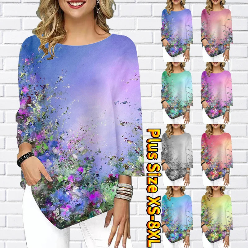 

2022 New Women Street Clothing Irregular Hem Three Quarter Sleeve Summer Round Neck Top Retro T-shirt Flower Printed Pullover