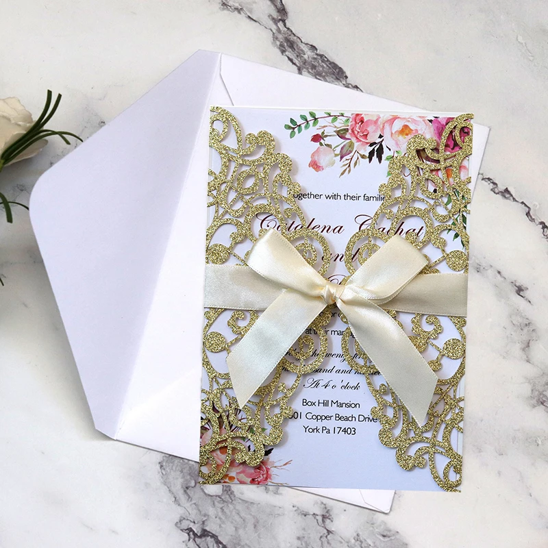 10PCS Laser Cut Blue Glitter Wedding Invitations with Ribbon – Elegant Gold Glitter Gre... - SKU LCIC0857 - UGI Packaging