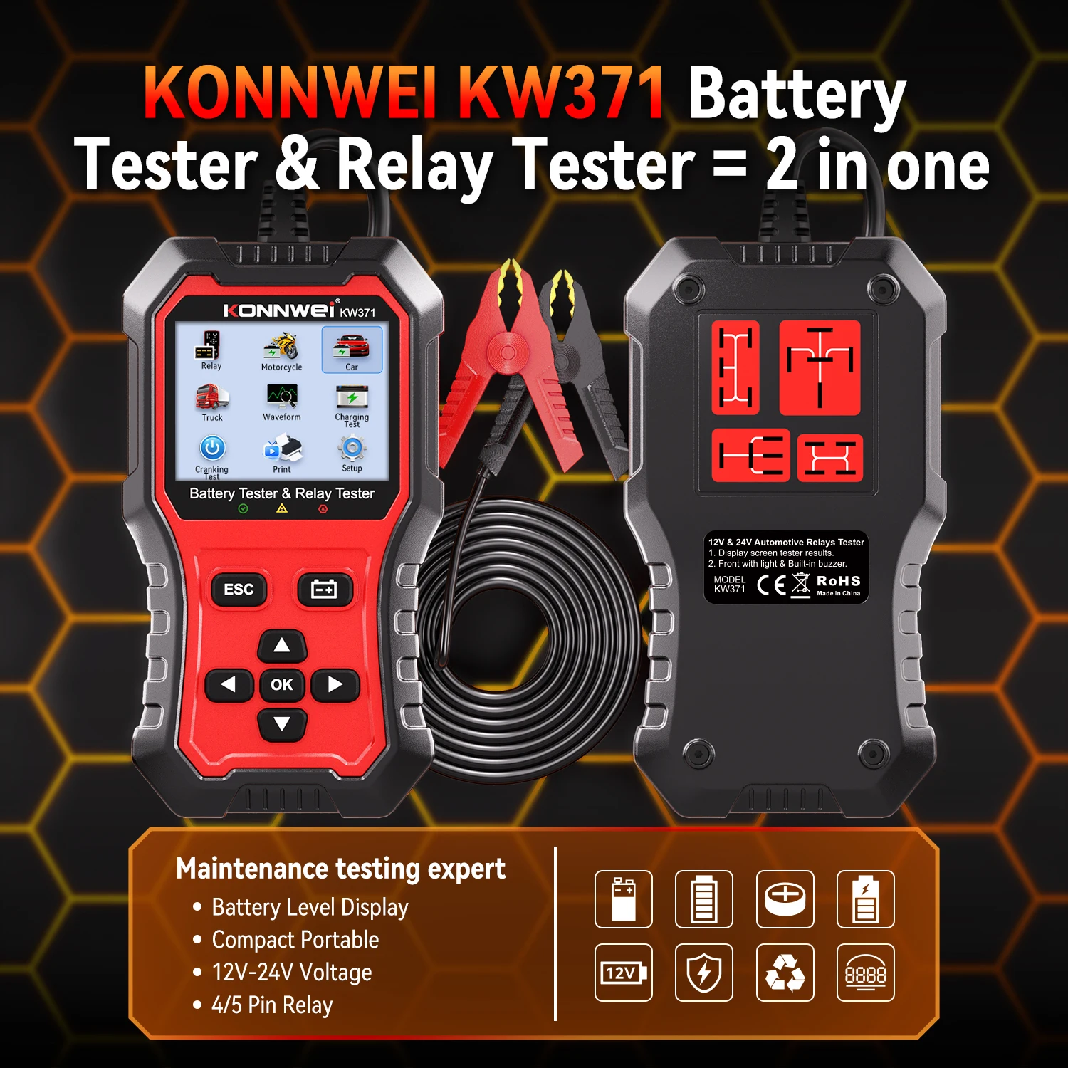 KONNWEI Car Battery Relay Tester KW371, 2 in 1 6V 12V 24V Battery Tester with 4 Pin 5 Pin Relay Testing Fault Data Print Start Test and Charging Scan Tool 2026 - Image 4