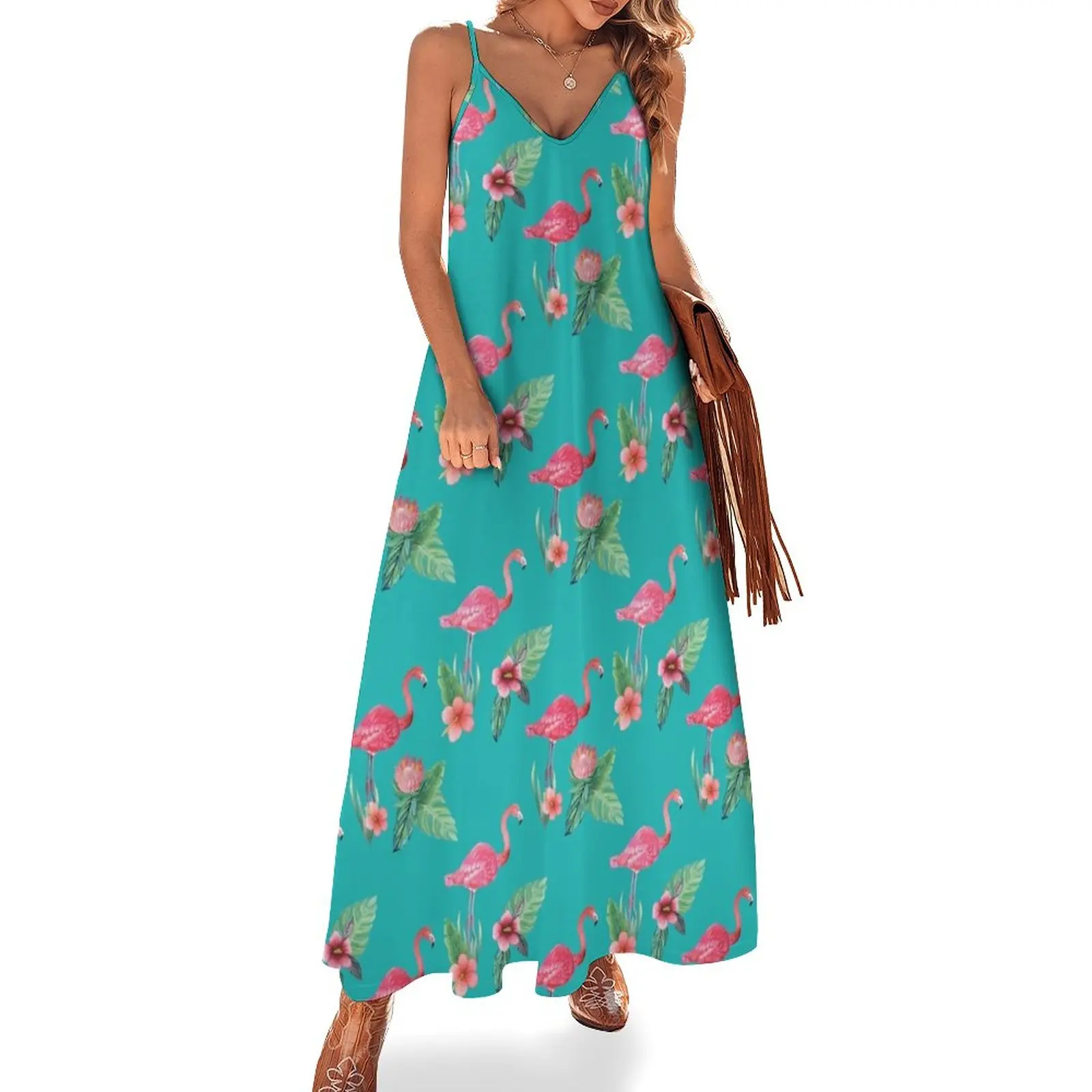 

Pink Flamingo watercolor tropical flower garden on teal, painted in watercolor Sleeveless Dress Woman dresses