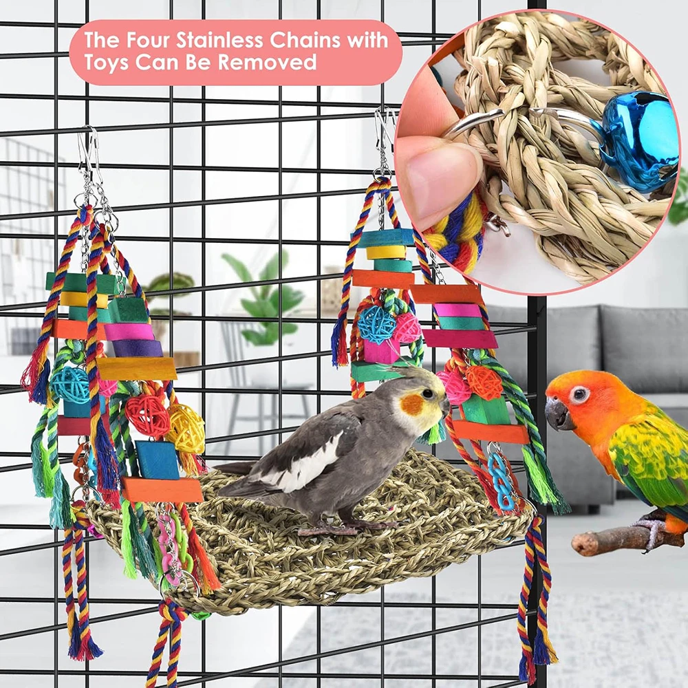 Bird Swing Toys Colorful Parrot Seagrass Mat Hammock with Blocks Bird Cage Accessories Suitable for Small to Medium Birds