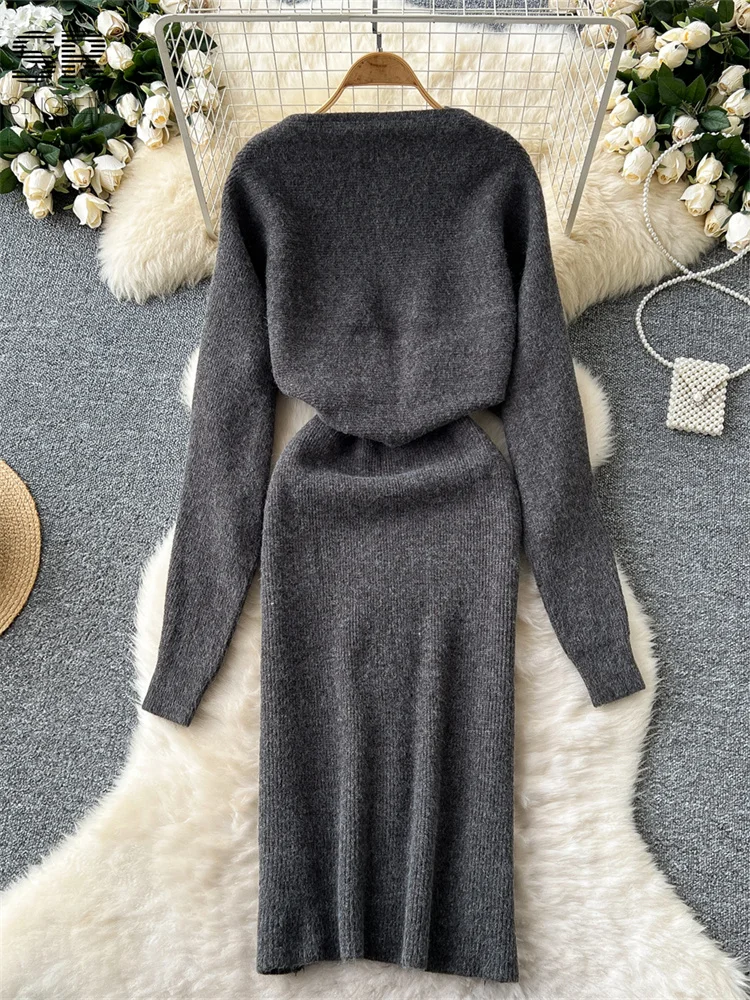 SINGREINY Winter Gentle Thick Dress Sets Women Long Sleeve Elastic Cardigan+Solid V Neck Dress Women Sexy Knitting Suits